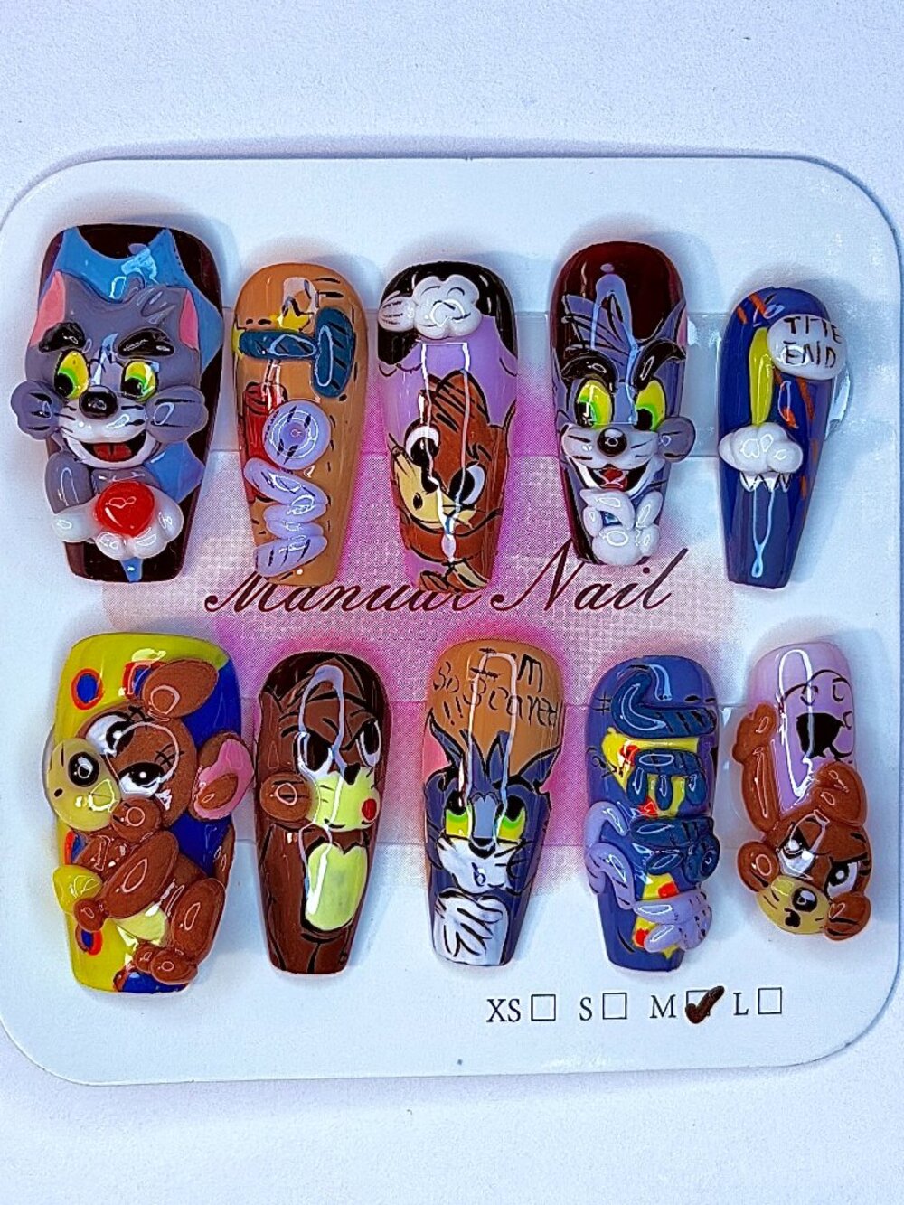 PRESSure Nails Hand-Painted 3D Cartoon Cat & Mouse Press-On Nails M